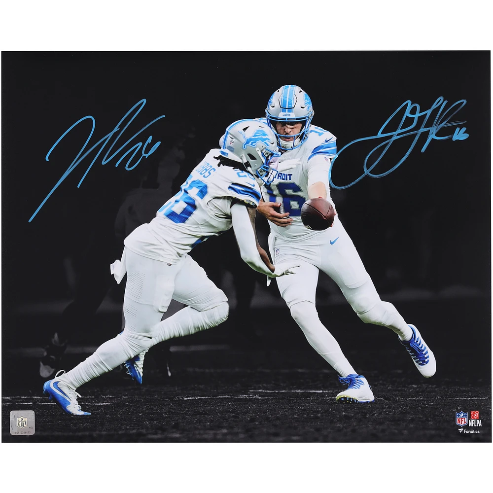 Jahmyr Gibbs & Jared Goff Detroit Lions Autographed 16" x 20" Handoff Spotlight Photograph