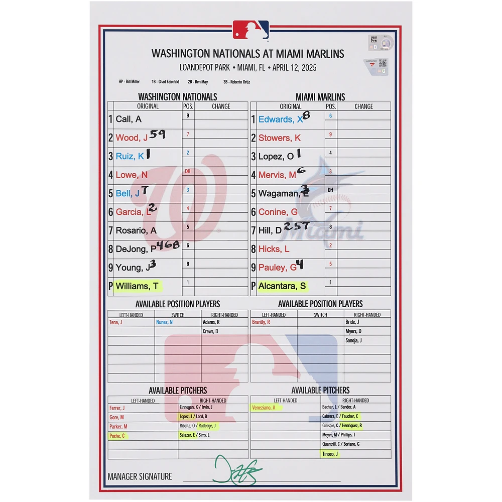 Washington Nationals Game-Used Lineup Card vs. Miami Marlins on April 12, 2025