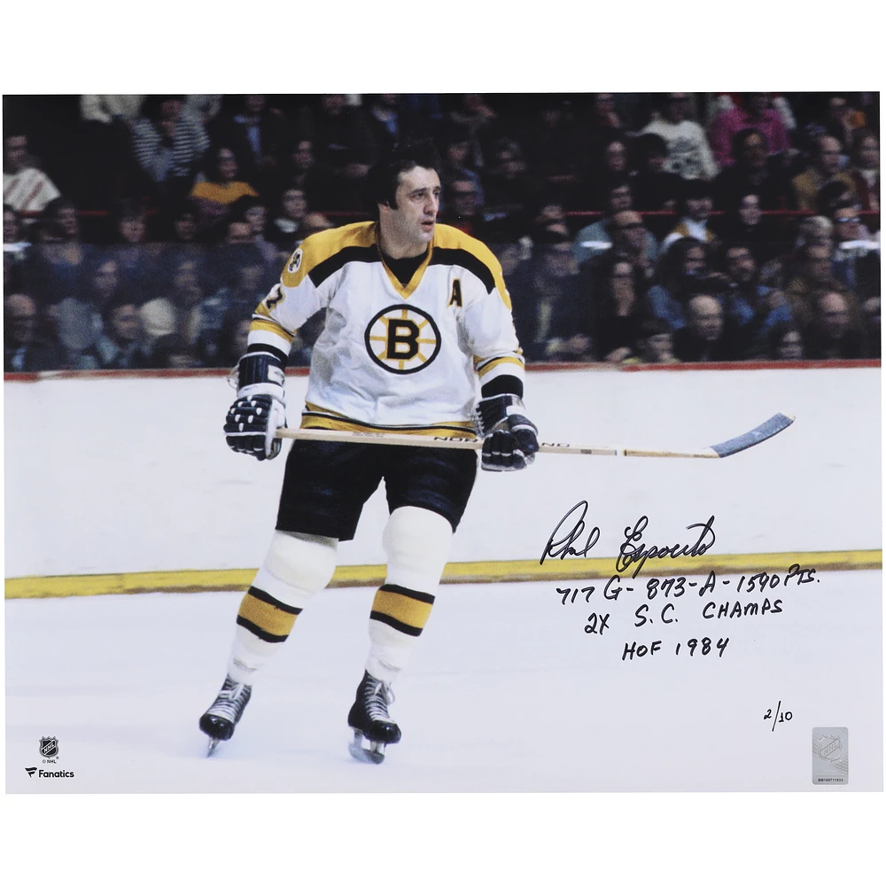 Phil Esposito Boston Bruins Autographed 16" x 20" White Jersey Skating Photograph with Multiple Inscriptions