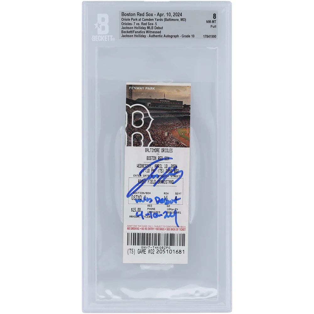 Jackson Holliday Baltimore Orioles MLB Debut Beckett Fanatics Witnessed Authenticated 8/10 Ticket from with "MLB Debut 4-10-24" Inscription