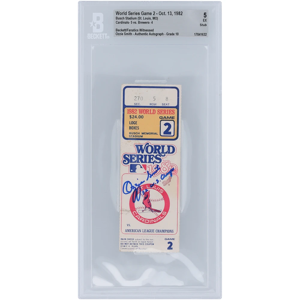 Ozzie Smith St. Louis Cardinals 1982 World Series Game 2 Beckett Fanatics Witnessed Authenticated 5/10 Ticket from October 13, 1982 with "'82 W.S. Champ" Inscription