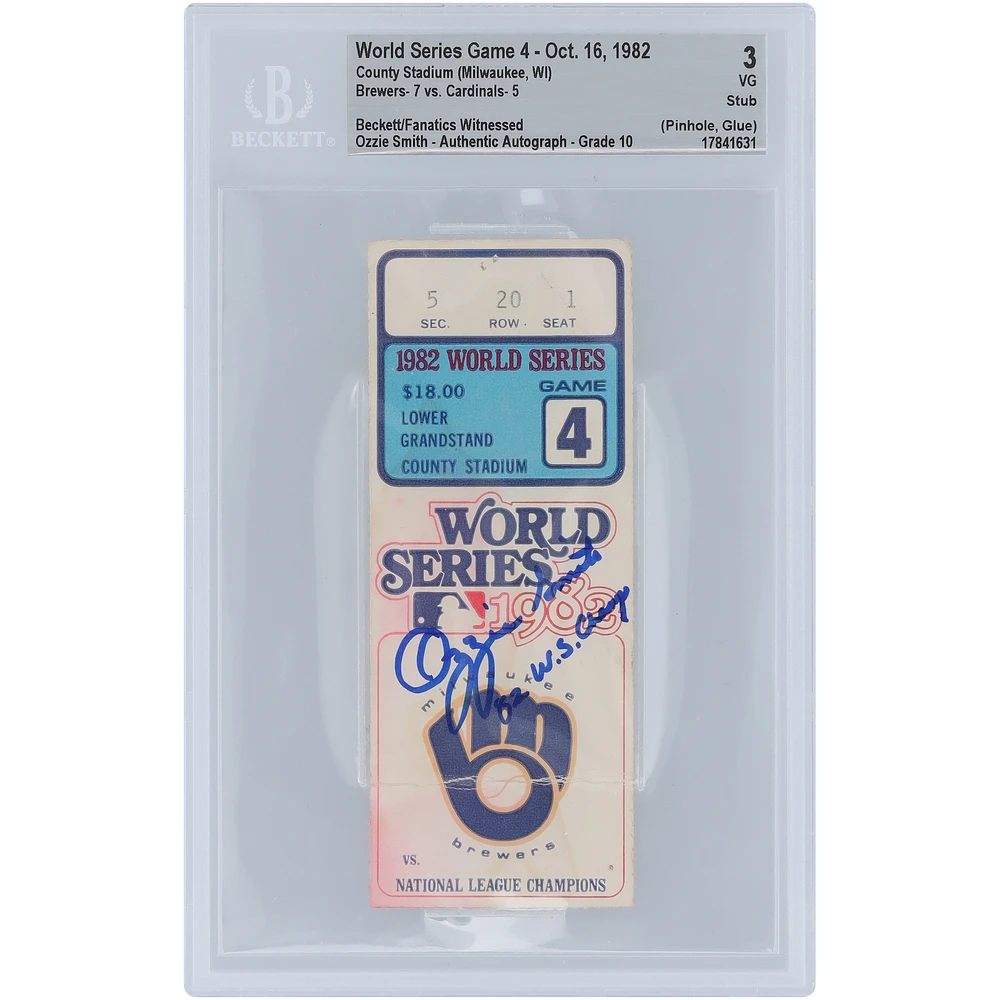 Ozzie Smith St. Louis Cardinals 1982 World Series Game 4 Beckett Fanatics Witnessed Authenticated 3/10 Ticket from October 16, 1982 with "W.S. Champ" Inscription