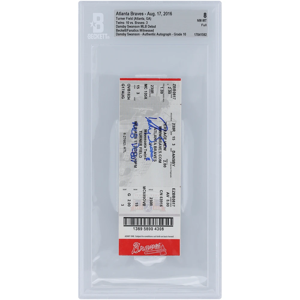 Dansby Swanson Atlanta Braves MLB Debut Beckett Fanatics Witnessed Authenticated /10 Ticket from August 17