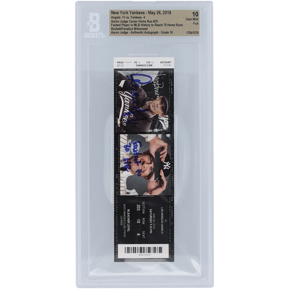 Aaron Judge New York Yankees Fastest Player in MLB History to Reach 70 Home Runs Beckett Fanatics Witnessed Authenticated /10 Ticket from May 26