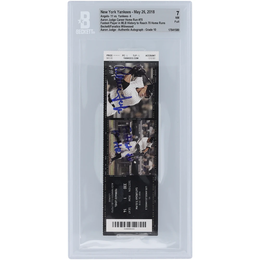 Aaron Judge New York Yankees Fastest Player in MLB History to Reach 70 Home Runs Judge Image on Ticket Beckett Fanatics Witnessed Authenticated 7/10 Ticket from May 26, 2018 with "Fastest to 70 HR" Inscription