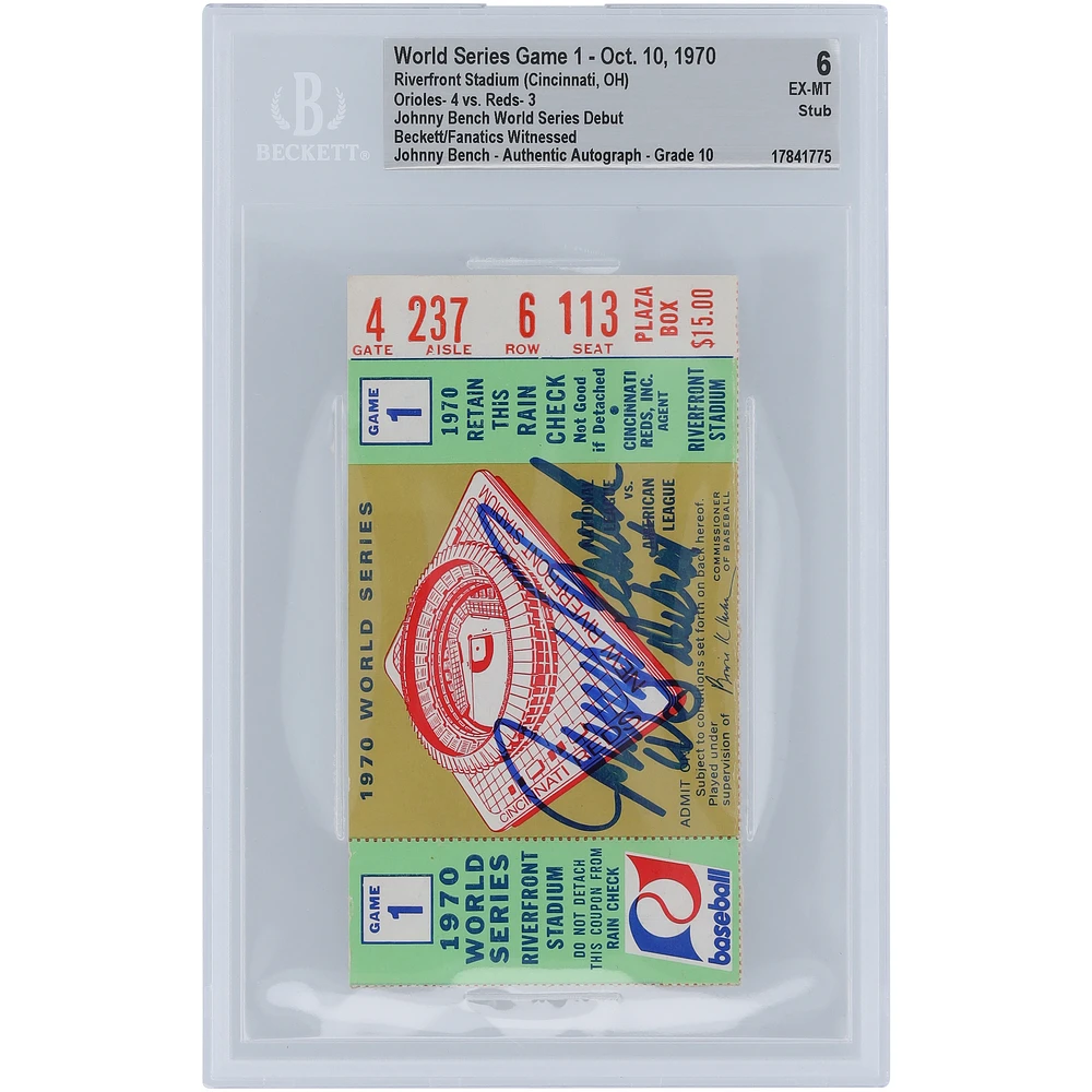 Johnny Bench Cincinnati Reds 1970 World Series Game 1 Beckett Fanatics Witnessed Authenticated 6/10 Ticket from October 10, 1970 with "WS Debut" Inscription