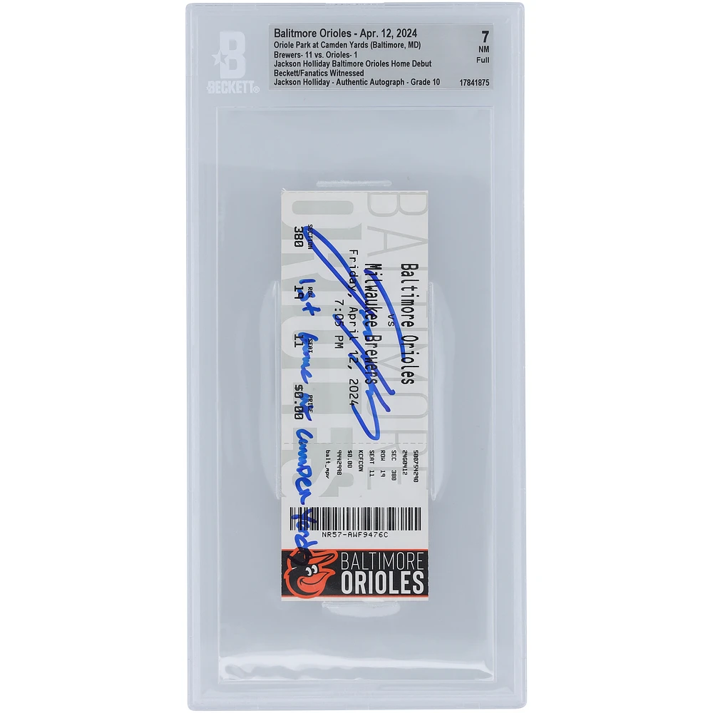 Jackson Holliday Baltimore Orioles Baltimore Orioles Home Debut Beckett Fanatics Witnessed Authenticated 10/10 Ticket from April 12