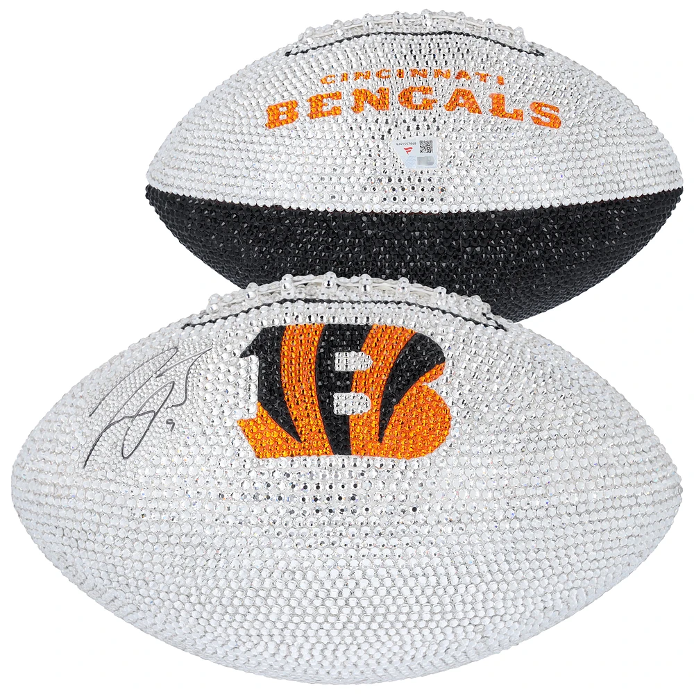 Joe Burrow Cincinnati Bengals Autographed Swarovski Crystal White Panel Football - Art by Rock On Sports