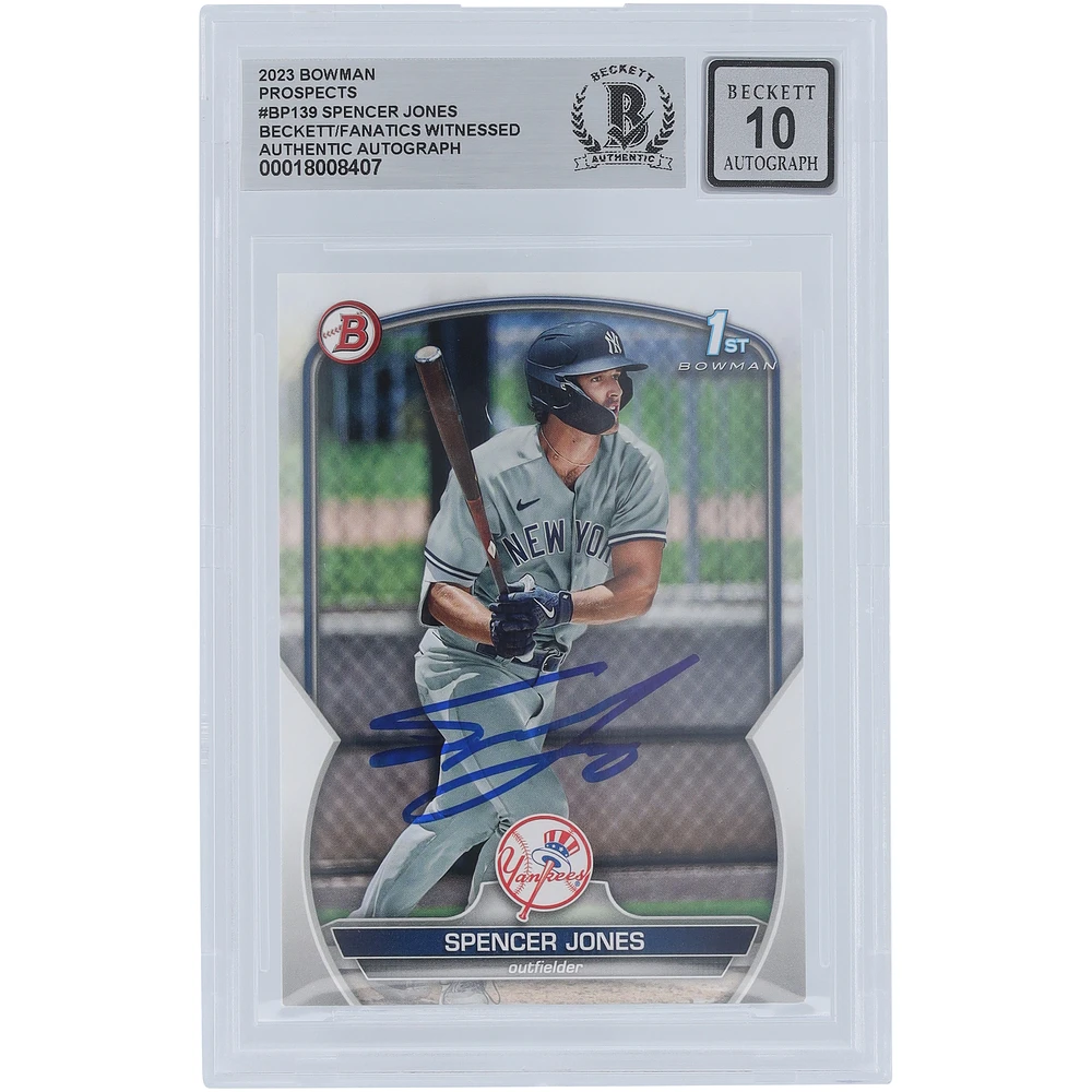 Spencer Jones New York Yankees Autographed 2023 Topps Bowman 1st Bowman #BP-139 Beckett Fanatics Witnessed Authenticated 10 Card