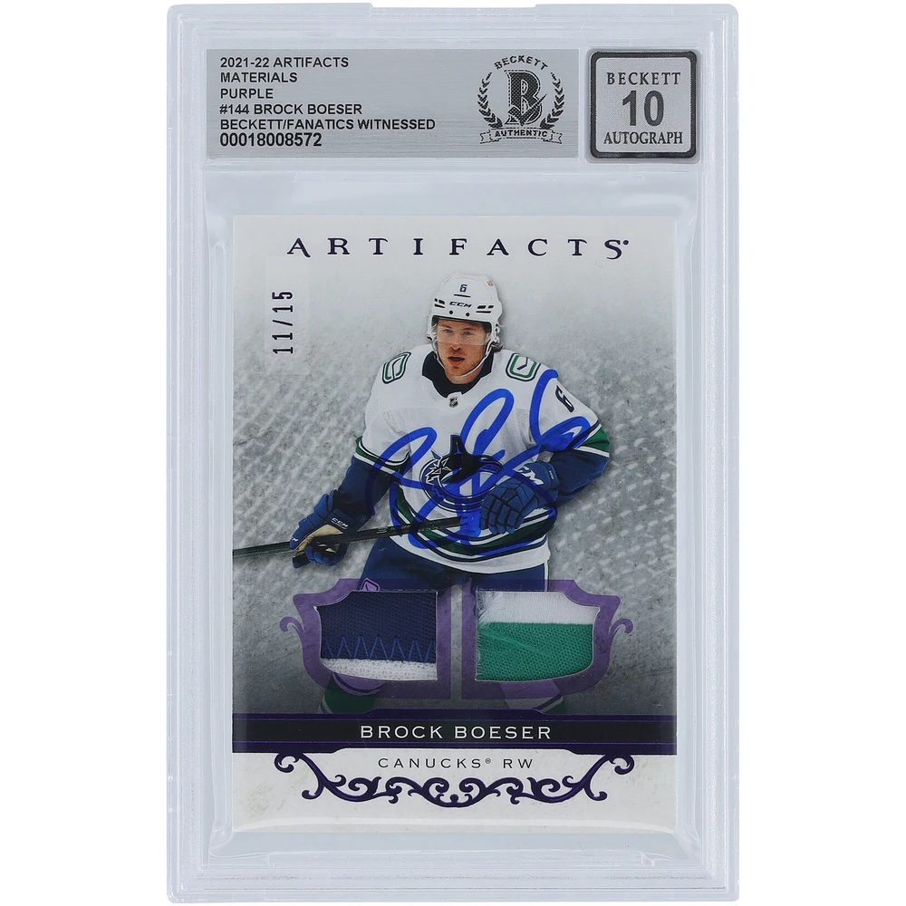 Brock Boeser Vancouver Canucks Autographed 2021-22 Upper Deck Artifacts Quad Color Relic Purple #144 #11/15 Beckett Fanatics Witnessed Authenticated 10 Card