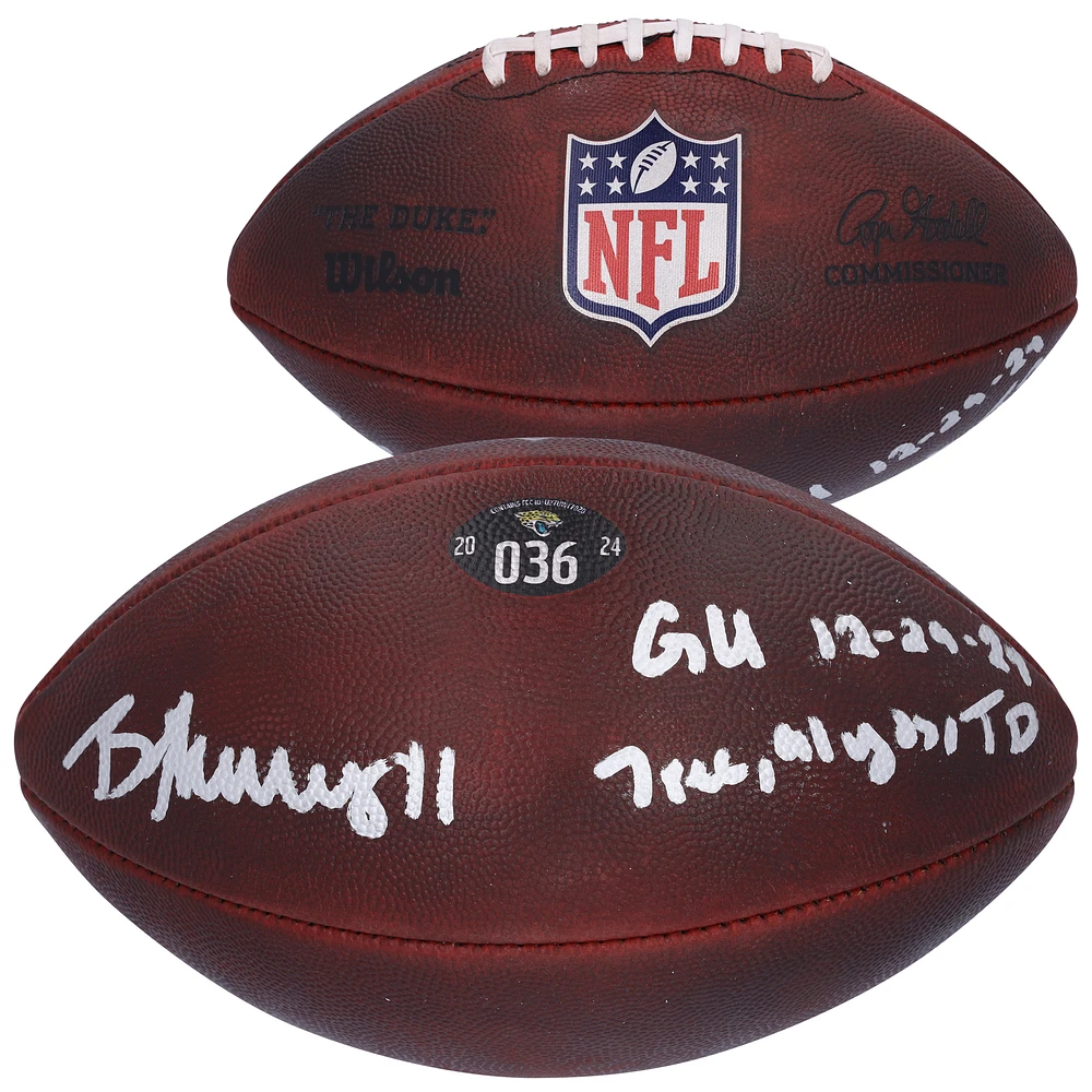 Brian Thomas Jr. Jacksonville Jaguars Autographed Game-Used Football vs. Tennessee Titans on December 29, 2024 with Multiple Inscriptions