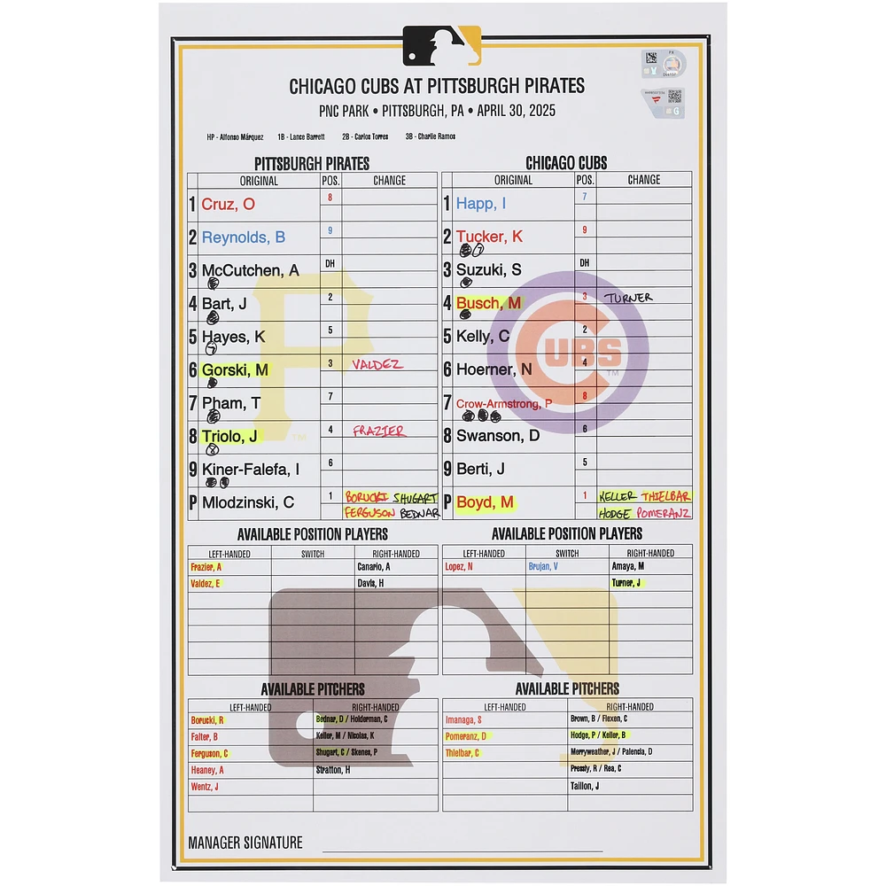 Pittsburgh Pirates Game-Used Lineup Card vs. Chicago Cubs on April 30, 2025