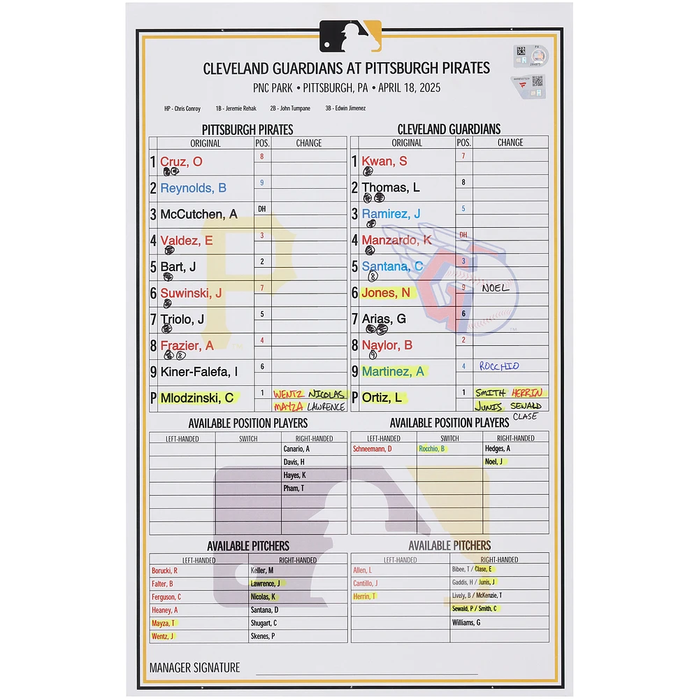 Pittsburgh Pirates Game-Used Lineup Card vs. Cleveland Guardians on April 18, 2025