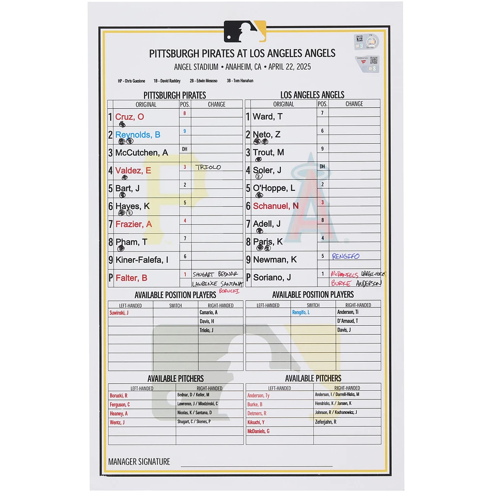 Pittsburgh Pirates Game-Used Lineup Card vs. Los Angeles Angels on April 22, 2025