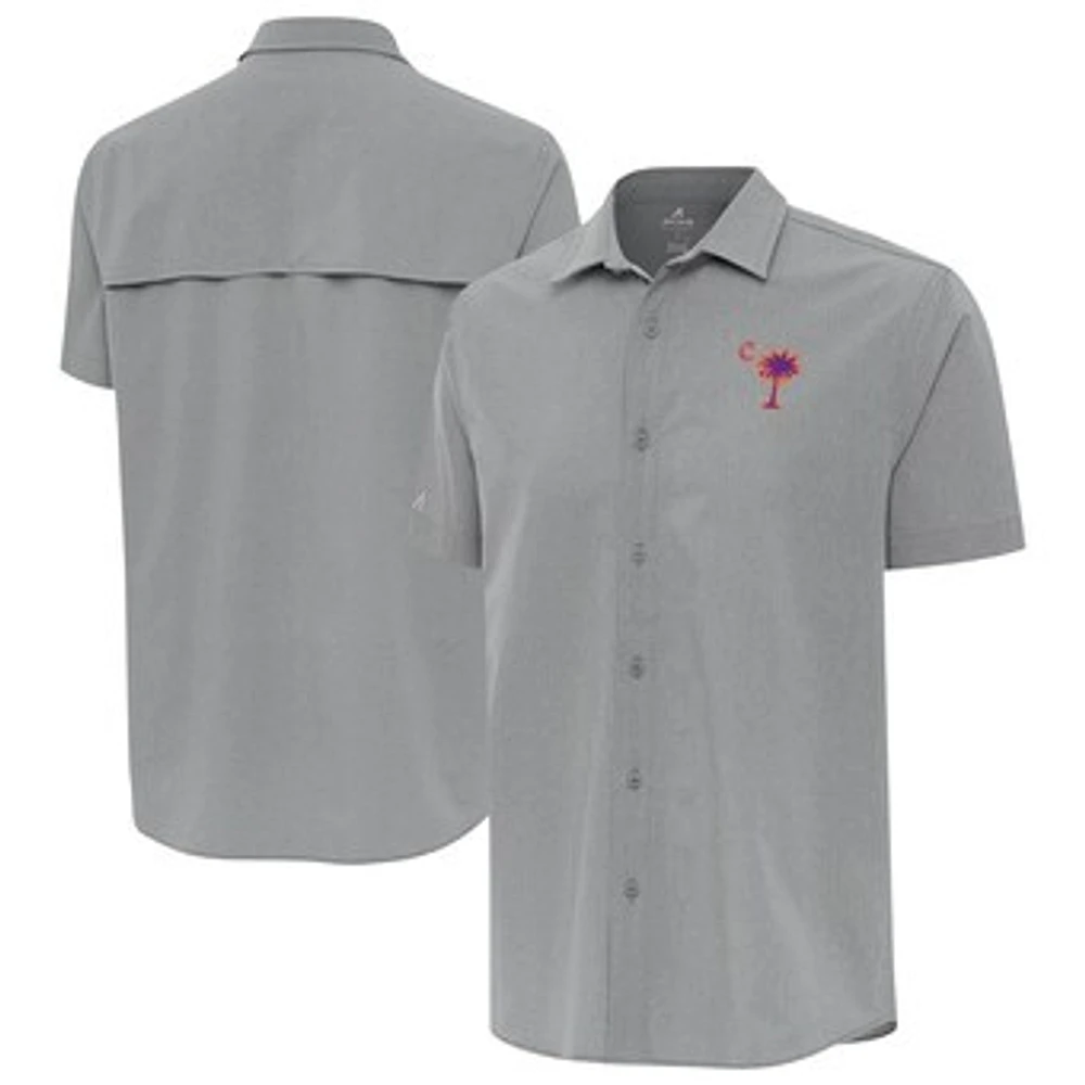 Men's Antigua Gray Clemson Tigers Palmetto Series Activate Woven Button-Up Shirt