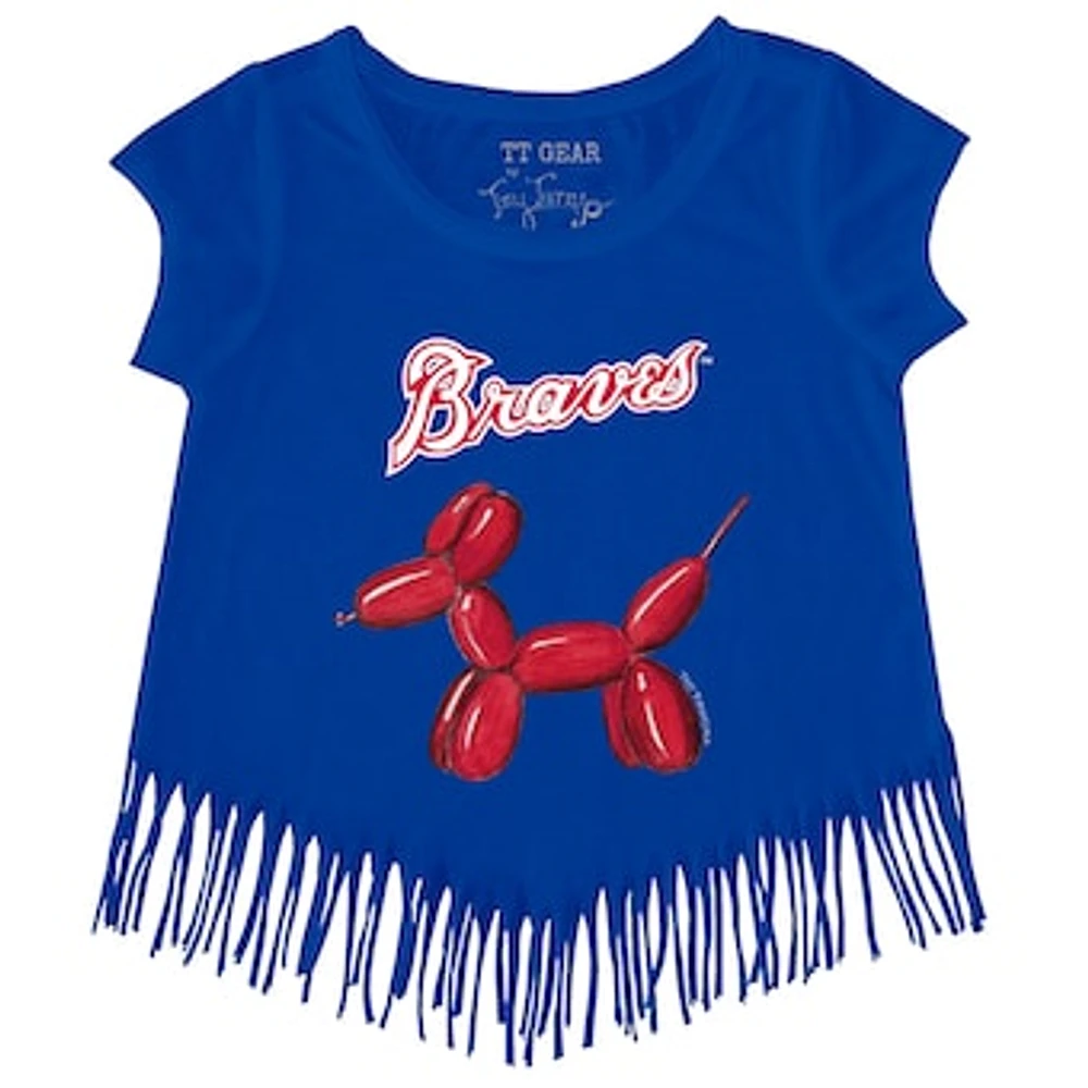 Girls Toddler Tiny Turnip Royal Atlanta Braves Balloon Dog Fringe T-Shirt