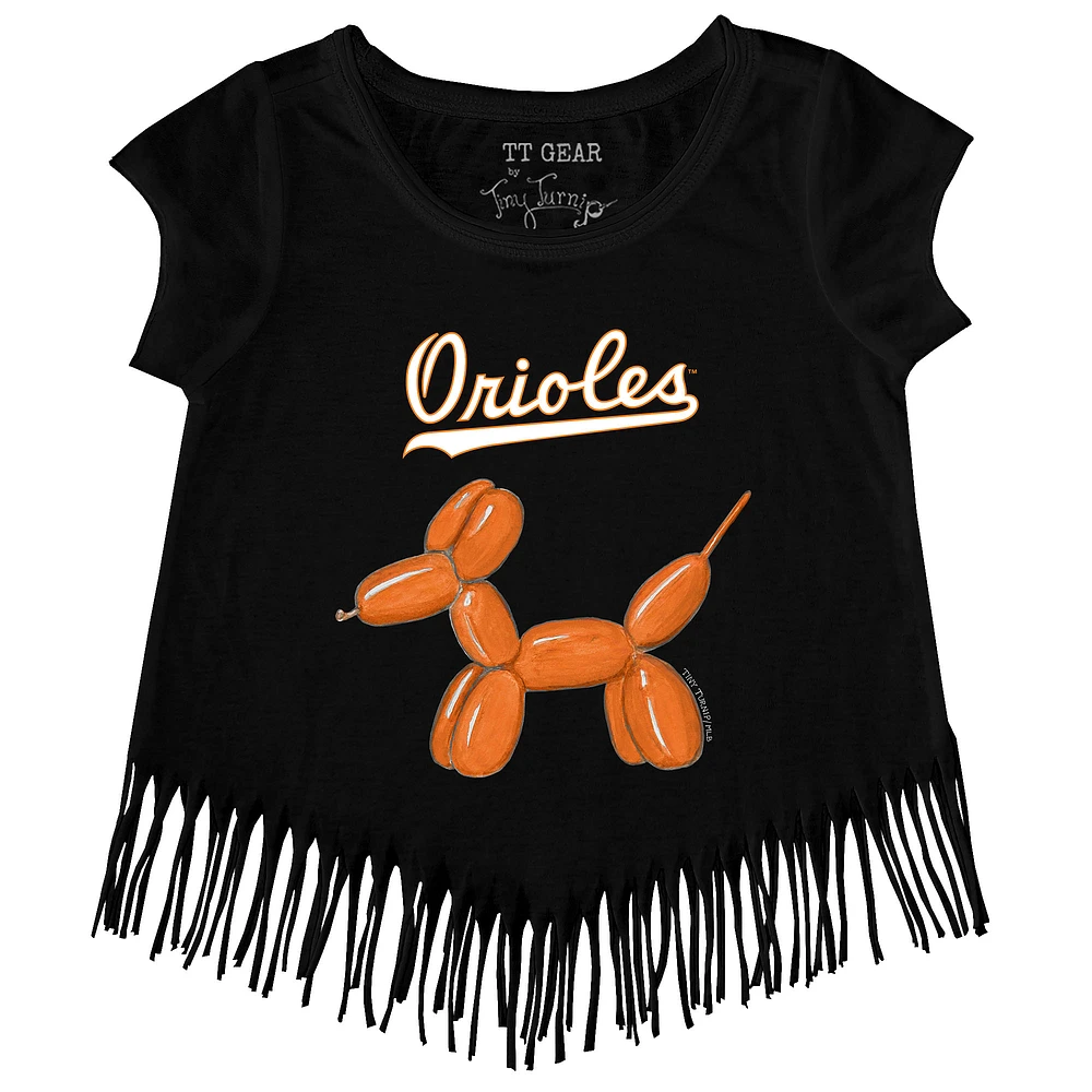 Girls Toddler Tiny Turnip Black Baltimore Orioles Balloon Dog Fringe T-Shirt