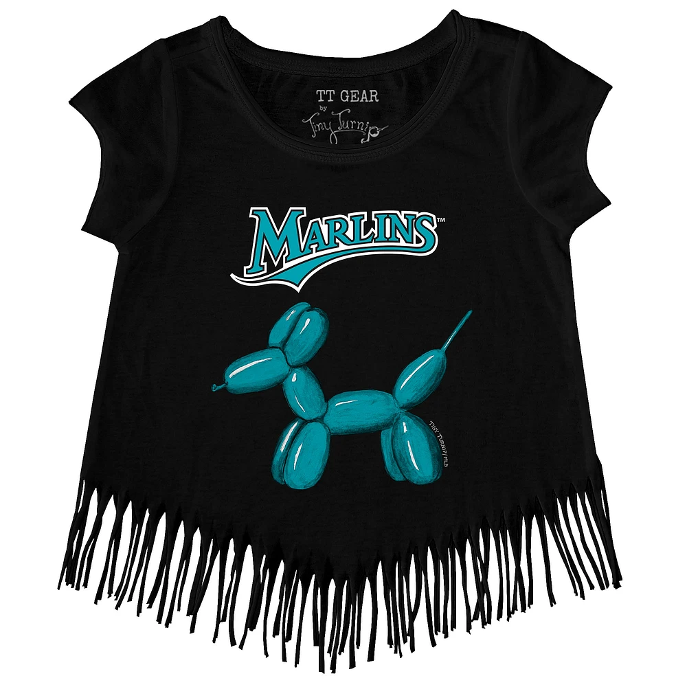 Girls Youth Tiny Turnip Black Miami Marlins Balloon Dog Fringe T-Shirt