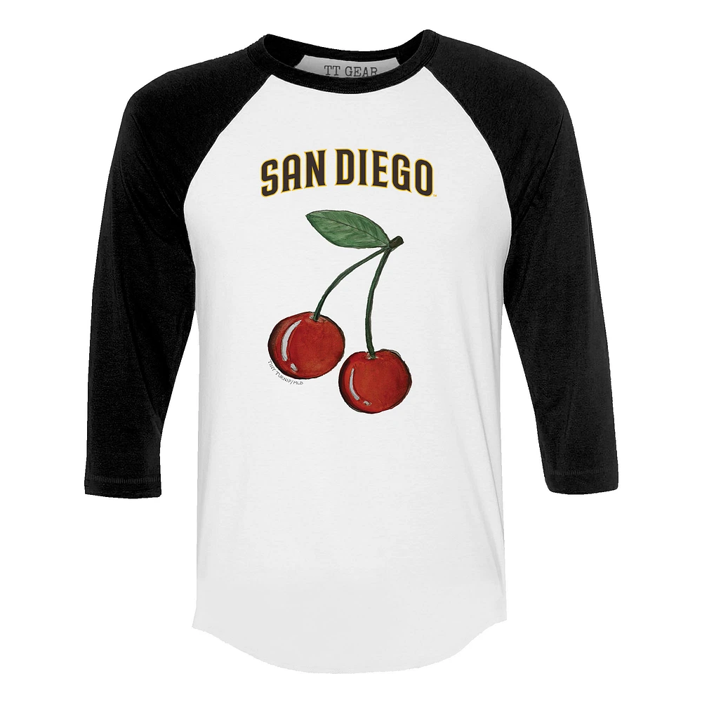 Women's Tiny Turnip White San Diego Padres Cherries 3/4-Sleeve Raglan Baseball T-Shirt