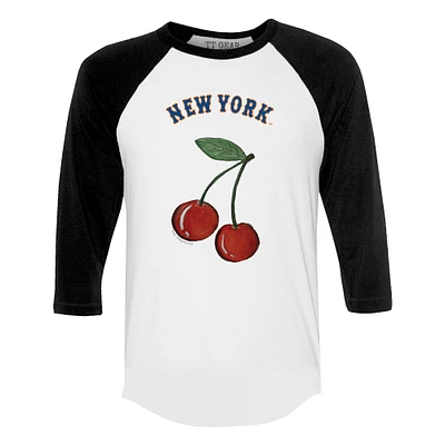 Women's Tiny Turnip White New York Mets Cherries 3/4-Sleeve Raglan Baseball T-Shirt