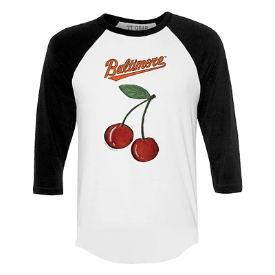 Women's Tiny Turnip White Baltimore Orioles Cherries 3/4-Sleeve Raglan Baseball T-Shirt