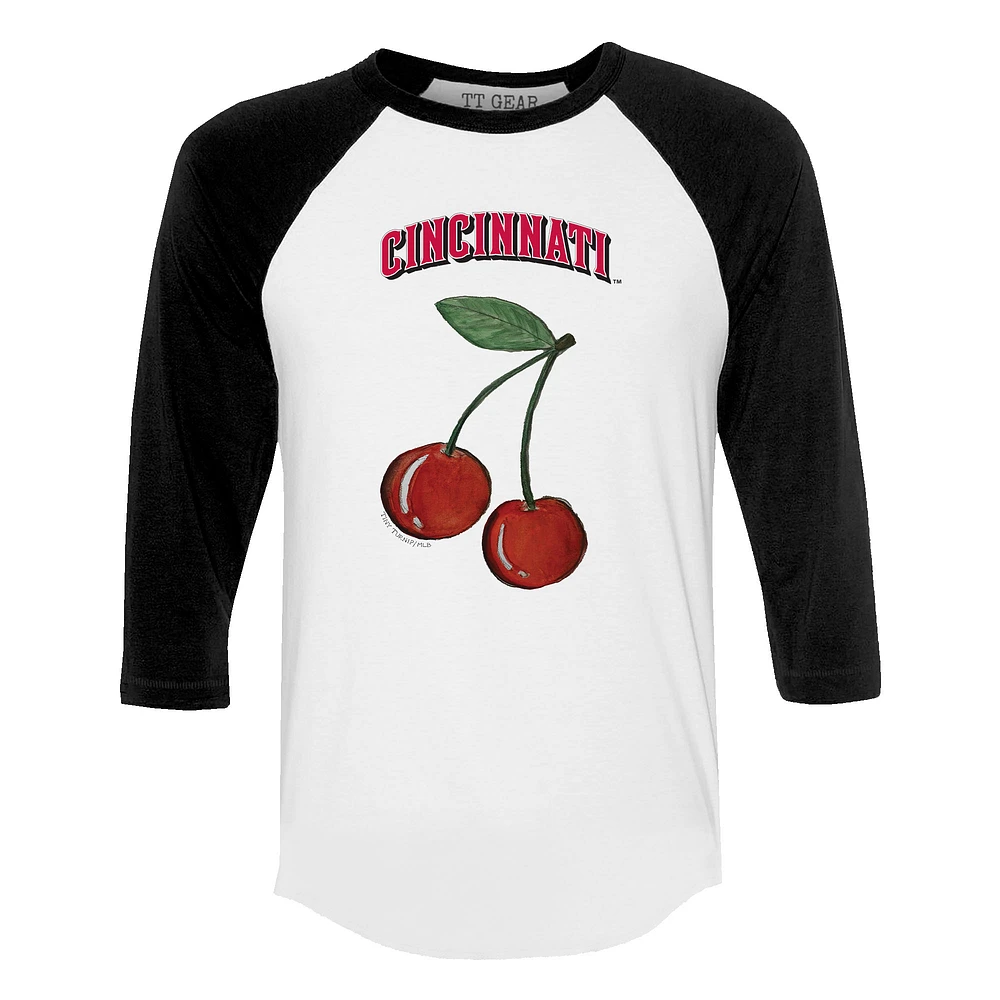 Women's Tiny Turnip White Cincinnati Reds Cherries 3/4-Sleeve Raglan Baseball T-Shirt