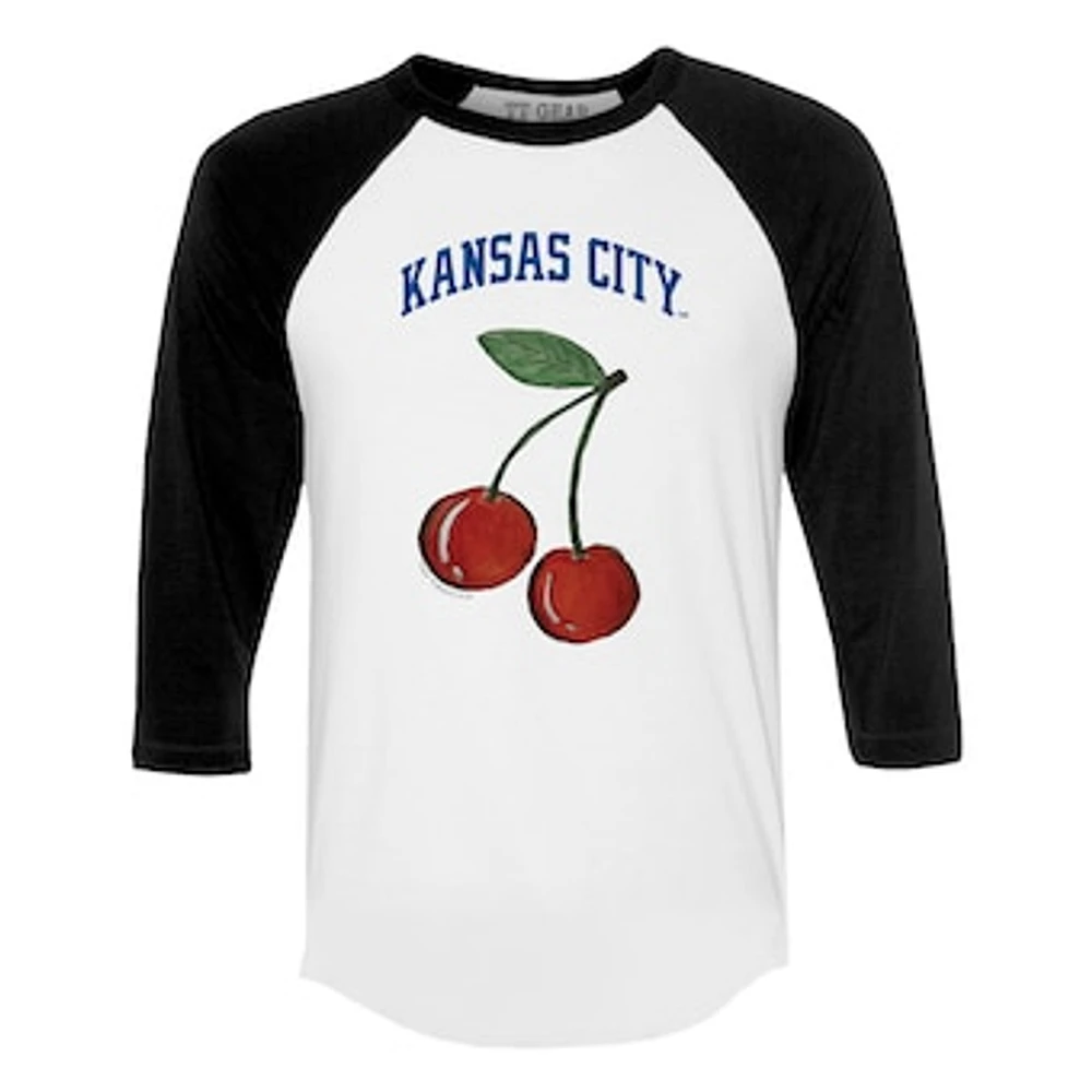 Women's Tiny Turnip White Kansas City Royals Cherries 3/4-Sleeve Raglan Baseball T-Shirt
