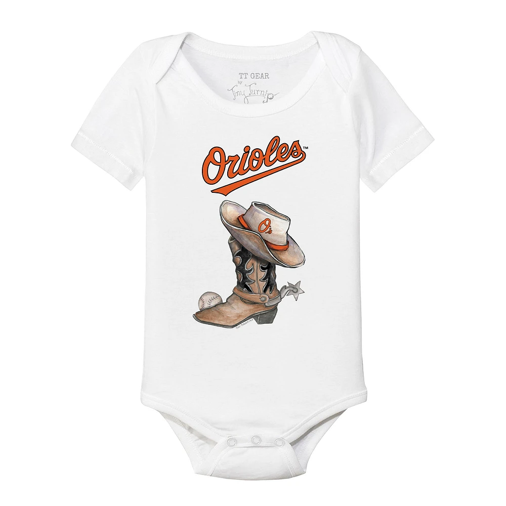 Infant Tiny Turnip White Baltimore Orioles Cowboy Boot Bodysuit