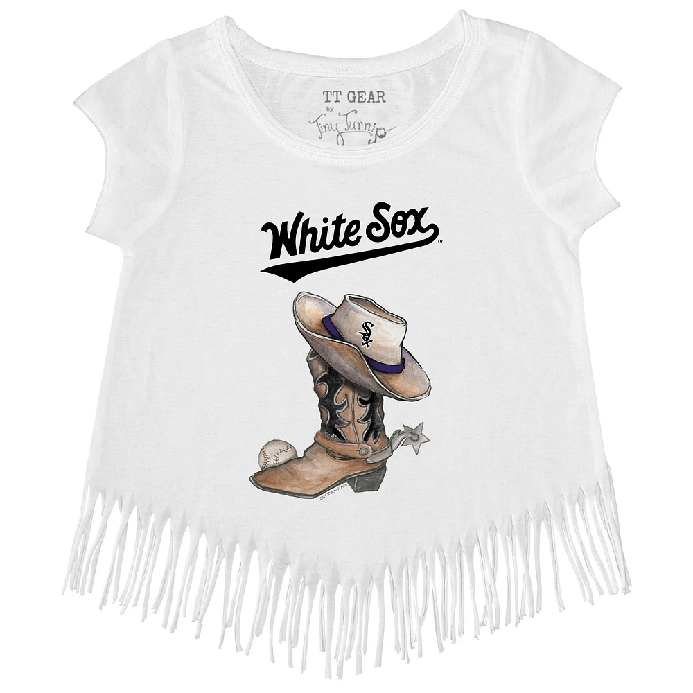Girls Toddler Tiny Turnip White Chicago Sox Cowboy Boot Fringe T-Shirt