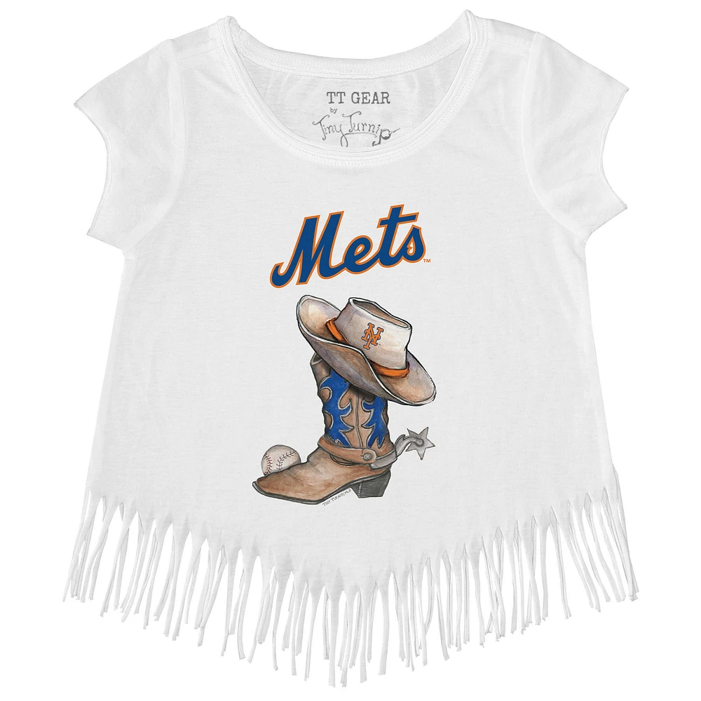 Girls Toddler Tiny Turnip White New York Mets Cowboy Boot Fringe T-Shirt