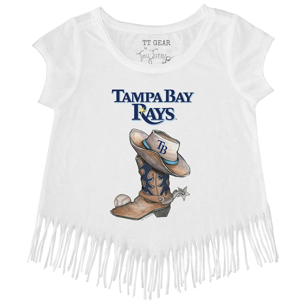 Girls Toddler Tiny Turnip White Tampa Bay Rays Cowboy Boot Fringe T-Shirt