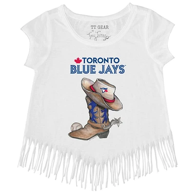 Girls Toddler Tiny Turnip White Toronto Blue Jays Cowboy Boot Fringe T-Shirt
