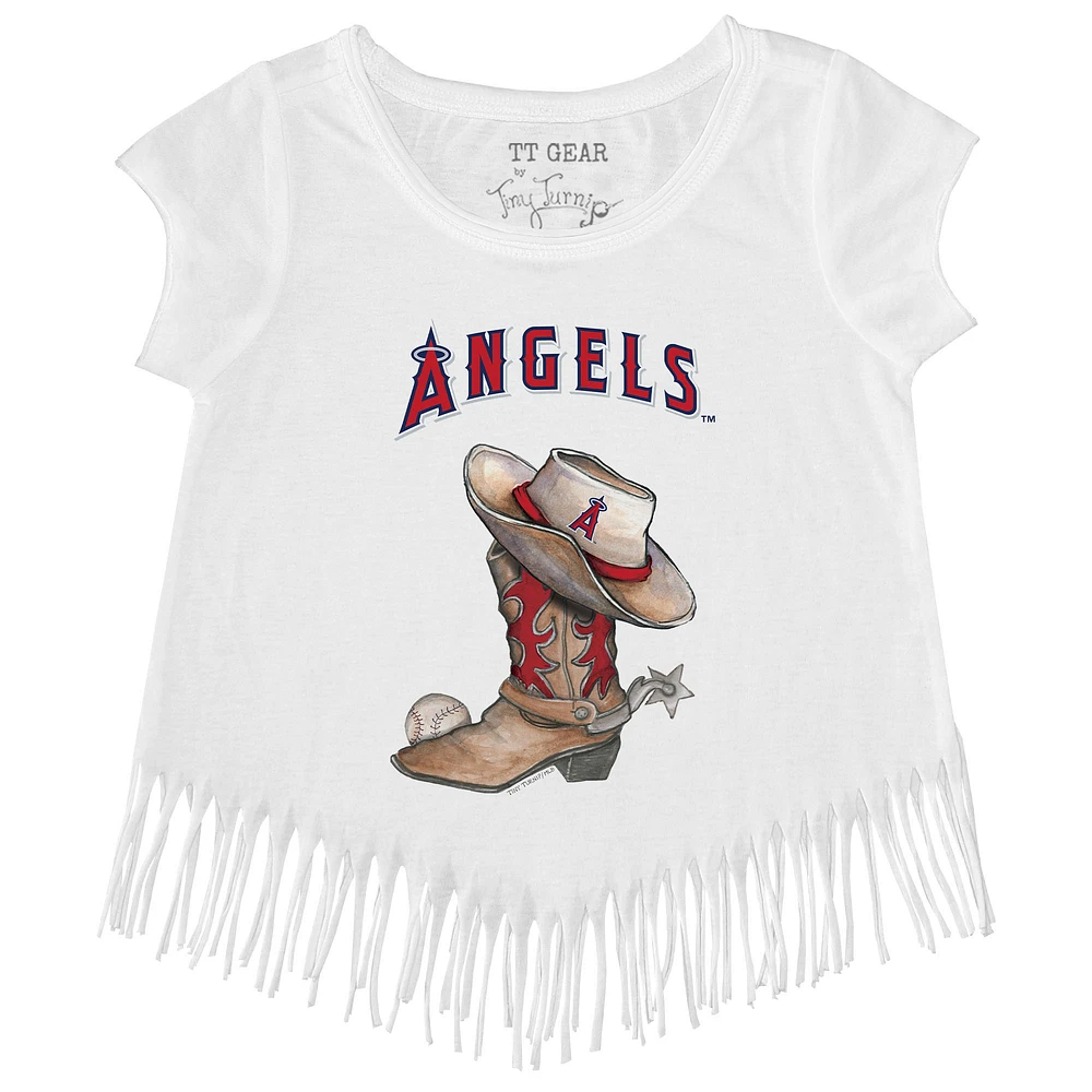 Girls Toddler Tiny Turnip White Los Angeles Angels Cowboy Boot Fringe T-Shirt