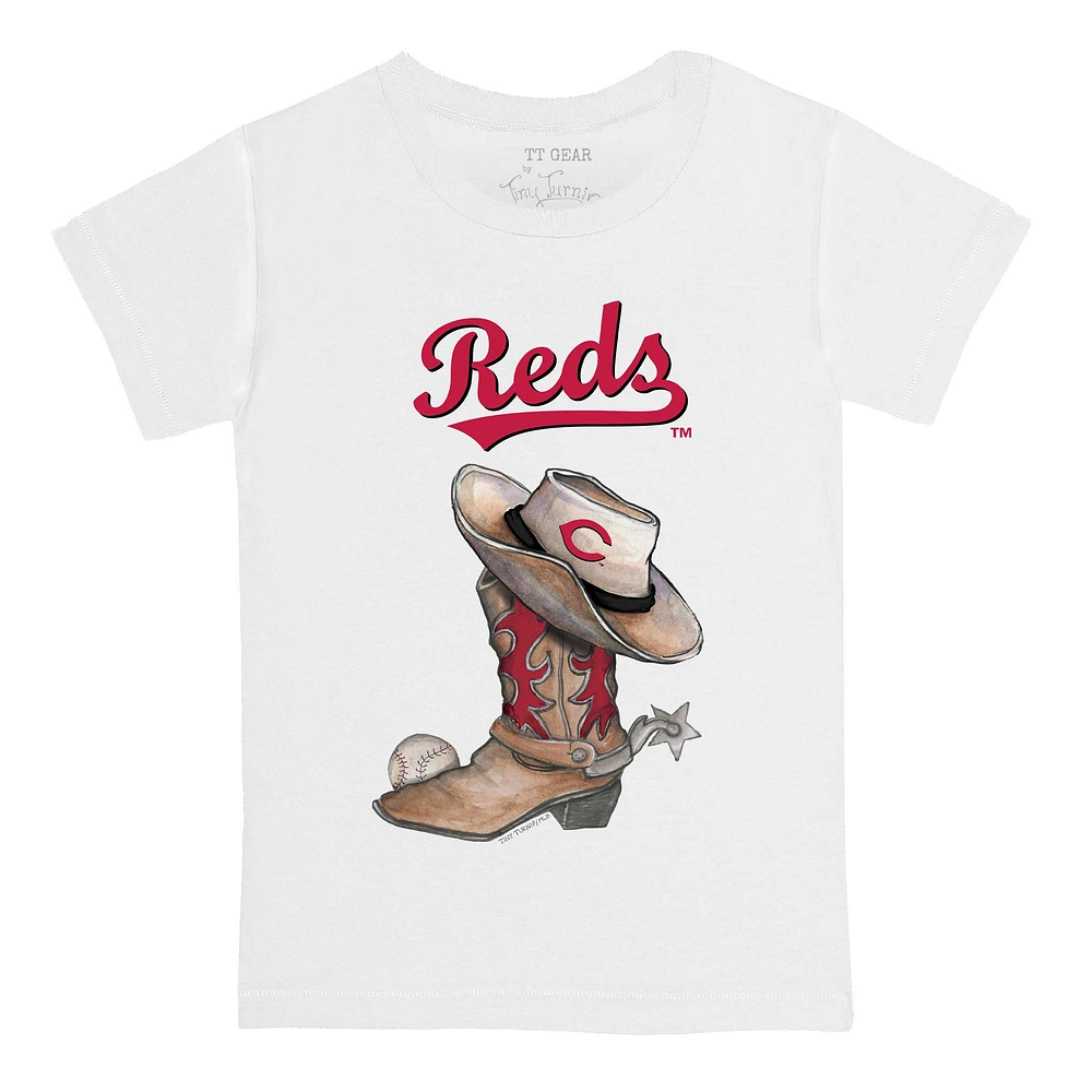 Youth Tiny Turnip White Cincinnati Reds Cowboy Boot T-Shirt