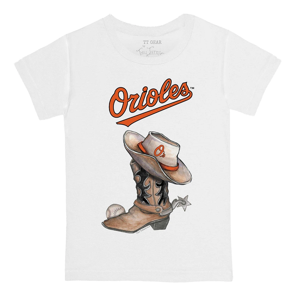 Youth Tiny Turnip White Baltimore Orioles Cowboy Boot T-Shirt