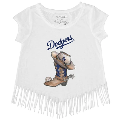 Girls Youth Tiny Turnip White Los Angeles Dodgers Cowboy Boot Fringe T-Shirt