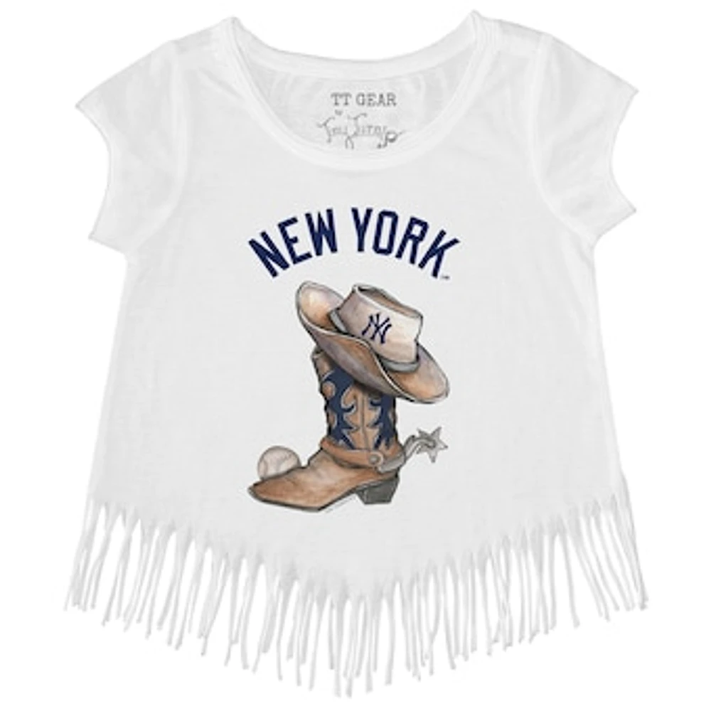 Girls Youth Tiny Turnip White New York Yankees Cowboy Boot Fringe T-Shirt