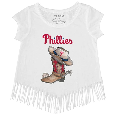 Girls Youth Tiny Turnip White Philadelphia Phillies Cowboy Boot Fringe T-Shirt
