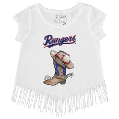Girls Youth Tiny Turnip White Texas Rangers Cowboy Boot Fringe T-Shirt