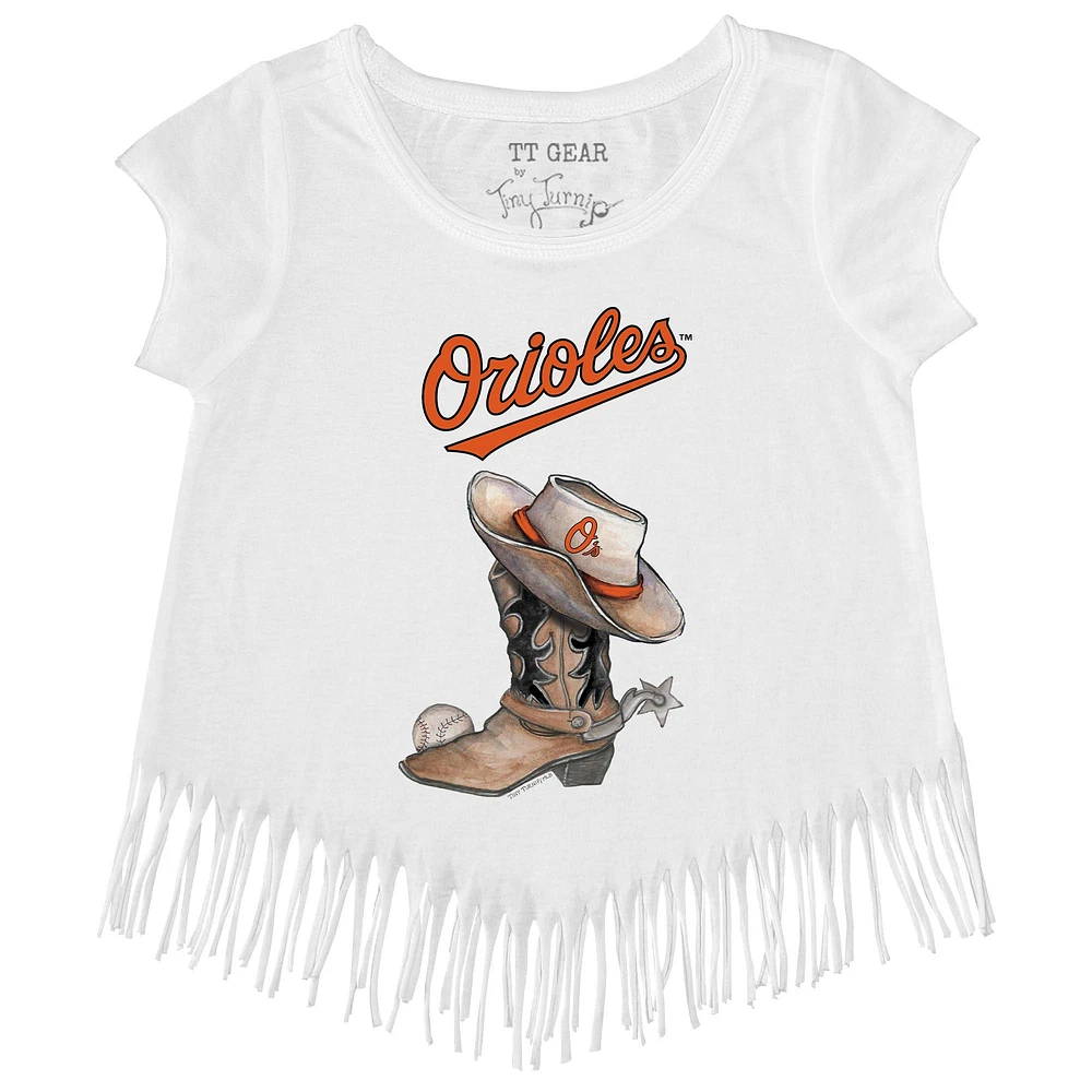 Girls Youth Tiny Turnip White Baltimore Orioles Cowboy Boot Fringe T-Shirt