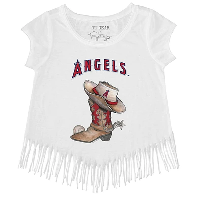 Girls Youth Tiny Turnip White Los Angeles Angels Cowboy Boot Fringe T-Shirt