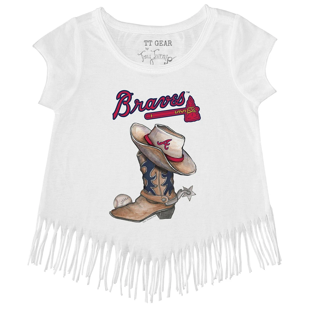 Girls Youth Tiny Turnip White Atlanta Braves Cowboy Boot Fringe T-Shirt