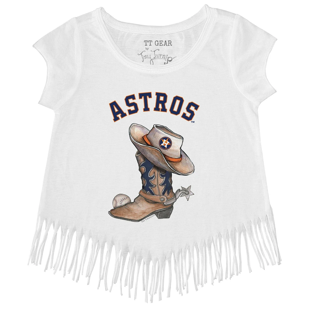 Girls Youth Tiny Turnip White Houston Astros Cowboy Boot Fringe T-Shirt