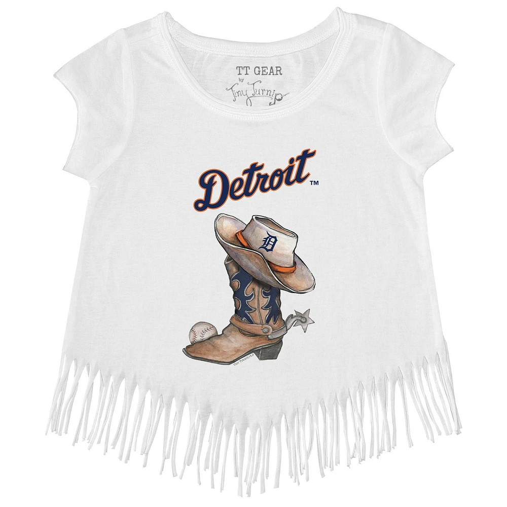Girls Youth Tiny Turnip White Detroit Tigers Cowboy Boot Fringe T-Shirt