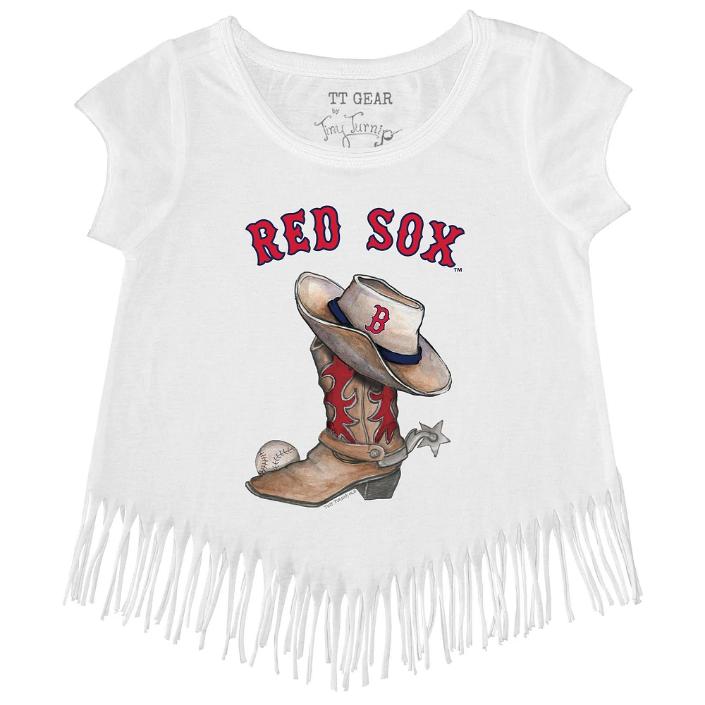Girls Youth Tiny Turnip White Boston Red Sox Cowboy Boot Fringe T-Shirt