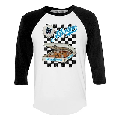 Women's Tiny Turnip White/Black Miami Marlins Pizza 3/4-Sleeve Raglan Baseball T-Shirt