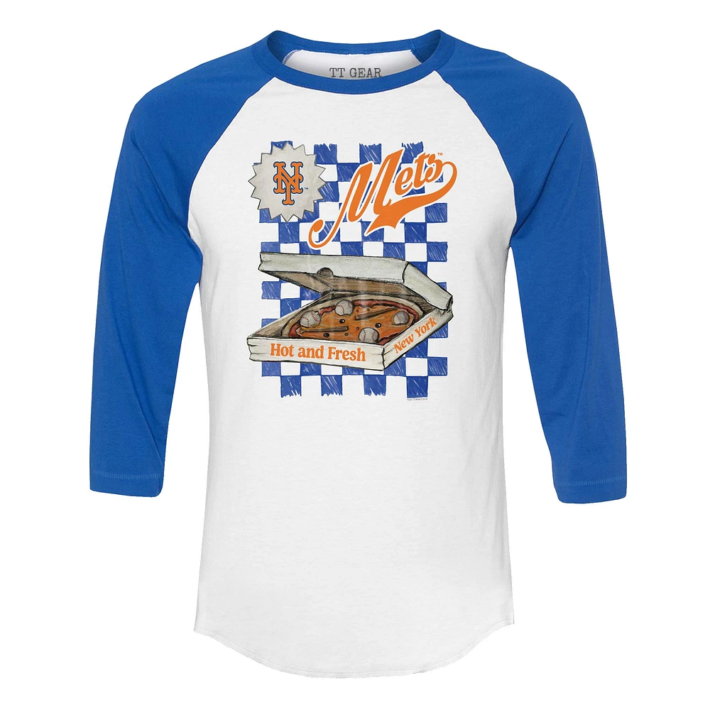 Women's Tiny Turnip White/Royal New York Mets Pizza 3/4-Sleeve Raglan Baseball T-Shirt