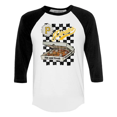 Women's Tiny Turnip White/Black Pittsburgh Pirates Pizza 3/4-Sleeve Raglan Baseball T-Shirt