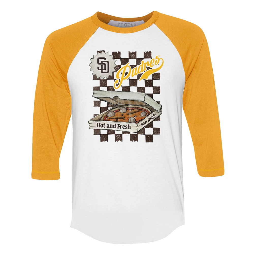 Women's Tiny Turnip White/Gold San Diego Padres Pizza 3/4-Sleeve Raglan Baseball T-Shirt