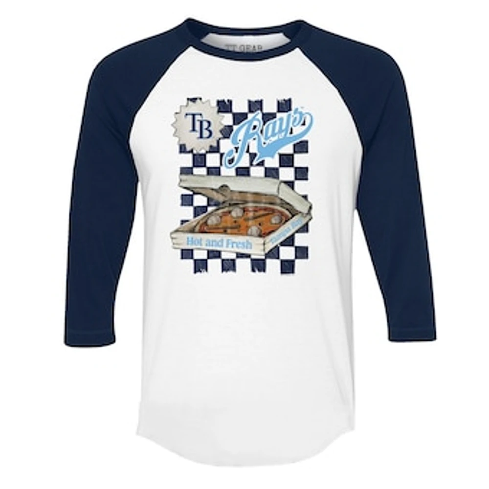 Women's Tiny Turnip White/Navy Tampa Bay Rays Pizza 3/4-Sleeve Raglan Baseball T-Shirt